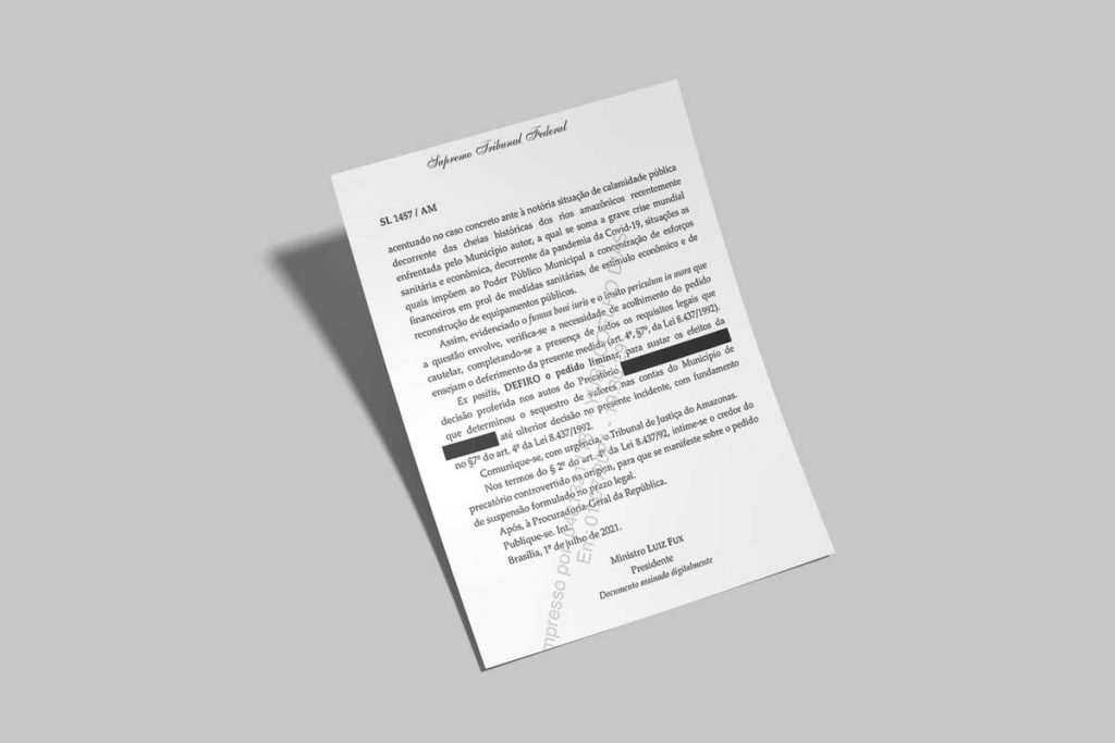 Presidente do STF acolhe pedido liminar do Cavalcante Reis Advs para suspender a decisão do TJ/AM e levantar o bloqueio de valores na conta de um município amazonense